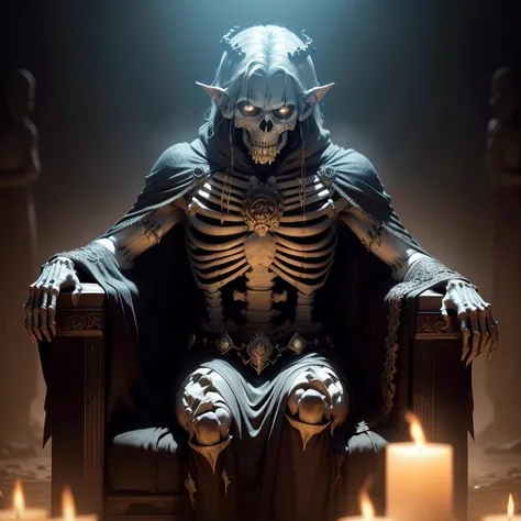 1. Skeleton King: A terrifying monarch of the underworld, clad in bones and decay, radiantly depicted in (8k, highest quality, masterpiece: 1.2). His hollow eyes seem to pierce through the deeply dark and realistic backdrop (photo-realistic: 1.37), with ev...