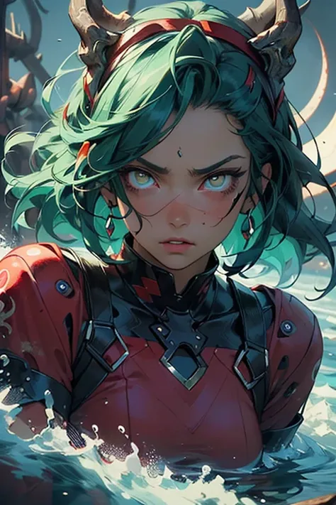 ((best quality)), ((masterpiece)), (detailed), beautiful face, magic, mage woman, beautiful, crimson eyes, vivid green hair, blood moon, dark seas, red water, fierce, modest, serious