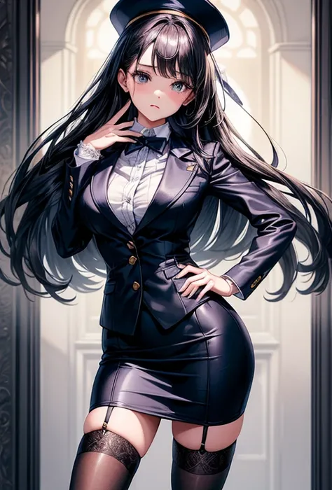 ((highest quality)), ((masterpiece)), (detailed), One Girl, Perfect Face, OL、Beautiful girl、Outstanding style、nice buddy、glamorous、Big Breasts、navy blue business suit、Skirt、Garter belt and black 30 denier stockings、High heels、office、standing、The whole body...