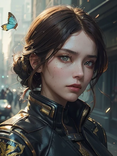 8k portrait of beautiful female cyberpunk fighter with brown hair, police uniform, slender, thin, intricate, elegant, highly detailed, majestic, digital photography, art by artgerm and ruan jia and greg rutkowski surreal painting gold butterfly filigree, b...