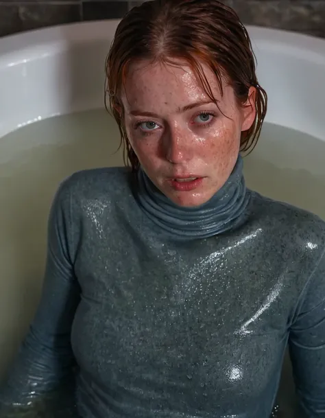 (realistic,photorealistic:1.37),soaked woman in jeans and sweat turtleneck,victim of voyeurism,caught,depraved,with shame and gloomy ecstasy,drowning in bath,photorealistic,ultra-detailed,professional,vivid colors,dramatic lighting,portrait, inside bath,fr...