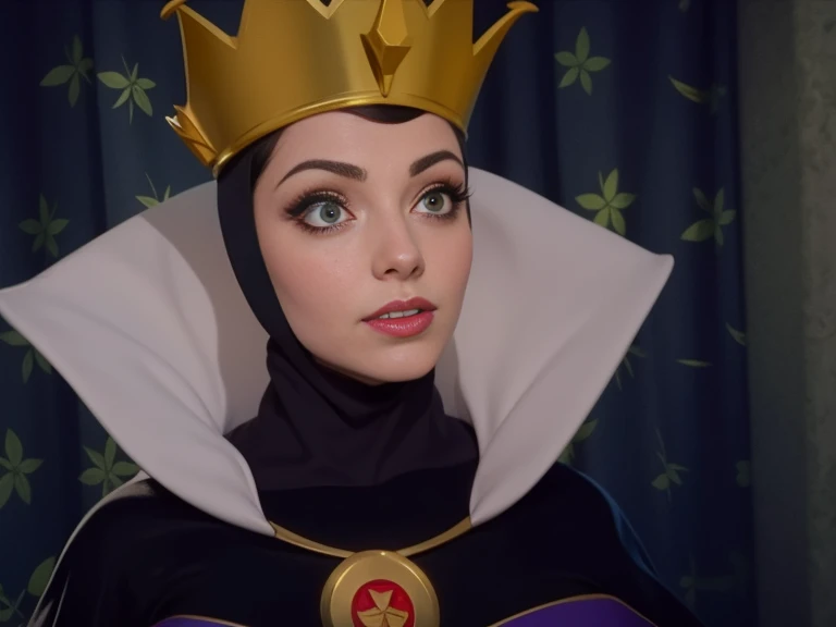 masterpiece, best quality, detailed face, perfect eyes, evil queen, black cowl, mirror behind her, black hair, cleavage, looking...