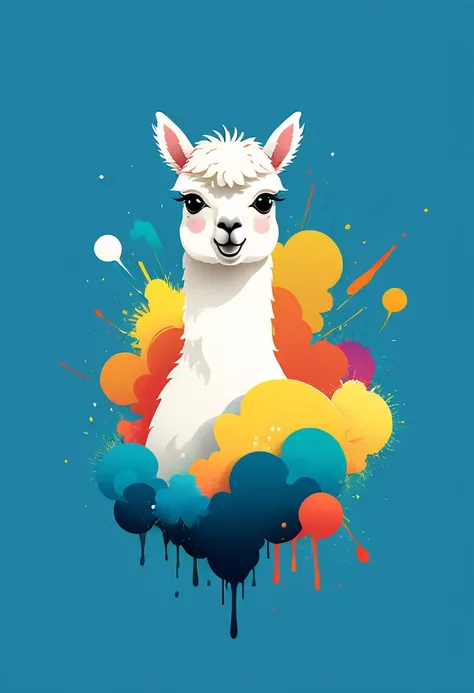 Vector art minimalist logo illustration cute alpaca vector art type,background paint explosion explosion detailed, Beautiful artistic rendering in clean minimalist cartoon style