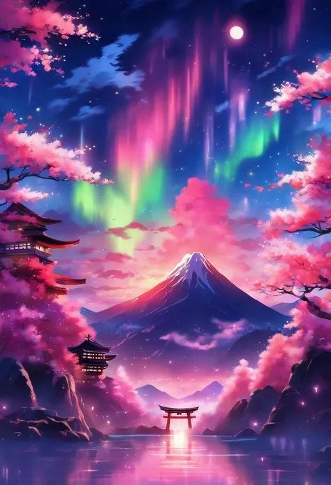 A painting with elements reminiscent of Japan, Canada, South Korea, Norway with the Northern Lights mountain, fleurs de cerisier, torii.