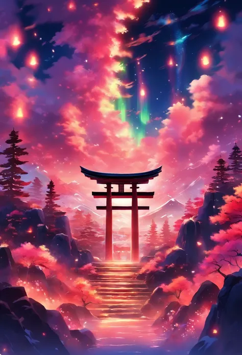 A painting with elements reminiscent of Japan, Canada, South Korea, Norway with the Northern Lights mountain, fleurs de cerisier, torii.