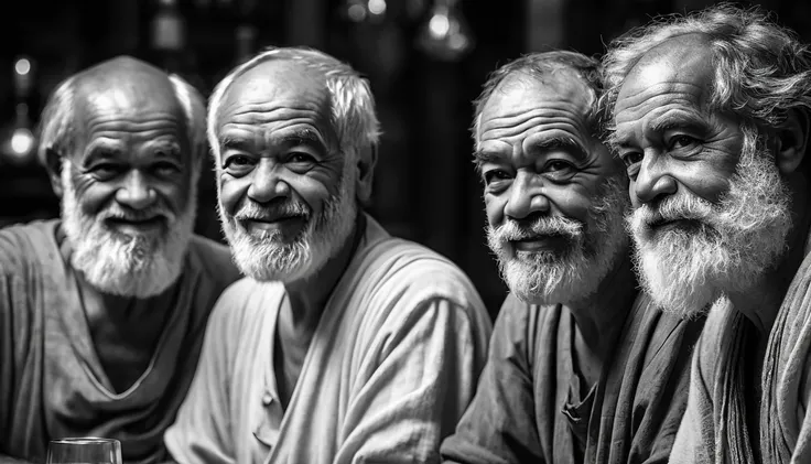 professional black and white photo,happy three friends,Aristotle,Socrates,Plato,old Cuban bar,classic portrait,wisdom,timeless,masterpiece:1.2,ultra-detailed,realistic,bokeh,studio lighting,sharp focus,professional,high definition,monochrome,aged effect