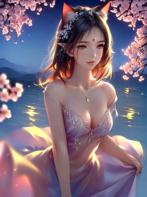 anime style, super fine illustration, highly detailed, dynamic angle, beautiful detailed, 8k, On a spring night, the cherry trees illuminated by the city lights are quietly shining. BREAK A woman stands still, captivated by the beautiful scene, watching th...