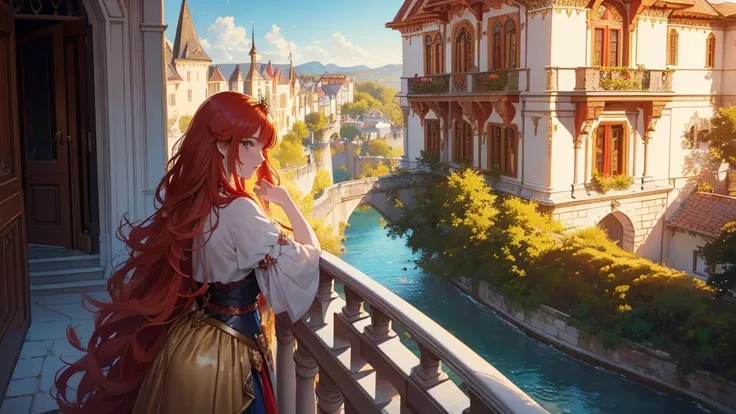 (a beautiful red-haired princess, sideways, on the balcony of a castle, looking at the horizon), (oil painting), (bright colors, exuberant details of the surroundings, details of life around the entire work), (hair long and flowing), (golden sunlight), (br...