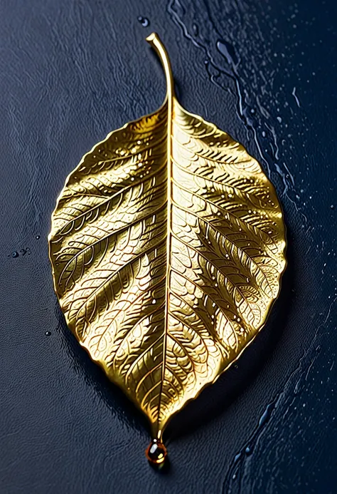 The image shows a work of art depicting a drop of gold. The drop is meticulously detailed, with the veins and textures of the leaf realistically rendered. The drop of gold has a shiny, metallic appearance, and the drop is set against a plain blue backgroun...