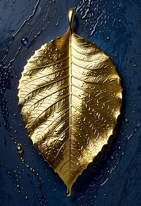 the image shows a work of art depicting a drop of gold. the drop is meticulously detailed, with the veins and textures of the le...