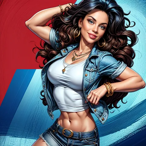 1woman 30year old, solo, long curly hair, looking at viewer, detailed eyes, shy smile,jewelry, medium breasts, earrings, midriff, belt, blue denim jacket over tight white t-shirt,mini skirt,necklace, bracelet, lips,((dynamic pose)), ((dynamic angle)),