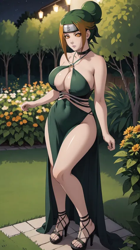 masterpiece, ultra high-quality, extremely detail 8k cg, high resolution, 1girl, pakura, green hair, orange eyes, thin body, huge breasts, bursting breasts, evening gown, halterneck, criss-cross halter, high heels, choker, beautiful face, outdoors, garden,...