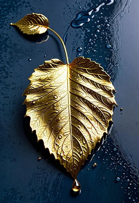 the image shows a work of art depicting a drop of gold. the drop is meticulously detailed, with the veins and textures of the le...