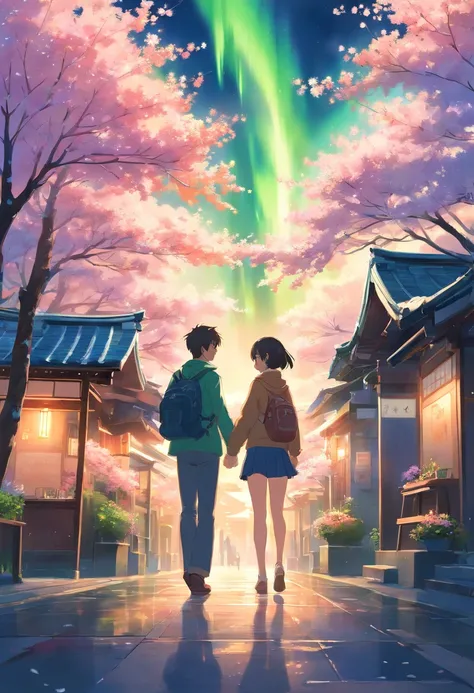 A painting with elements reminiscent of Japan, Canada, Norway with the Northern Lights mountain, fleurs de cerisier, torii, un homme et une femme amoureux