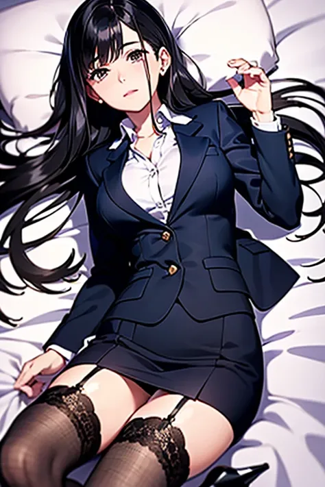 ((highest quality)), ((masterpiece)), (detailed), Anime 2D Rendering, Realistic young anime woman, Perfect Face, OL、Beautiful girl、Long black hair、Outstanding style、nice buddy、glamorous、navy blue business suit、Skirt、Jacket、Garter belt and black stockings、H...