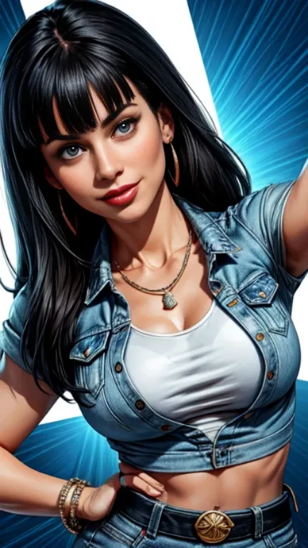 1woman 30year old, solo, long straight black hair, bangs,looking at viewer, detailed eyes, shy smile,jewelry, medium breasts, earrings, midriff, belt, blue denim jacket over tight white t-shirt,mini skirt,necklace, bracelet, lips,((dynamic pose)), ((dynami...