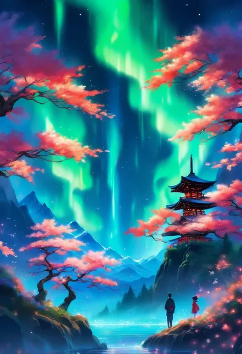 A painting with elements reminiscent of Japan, Canada, Norway with the Northern Lights mountain, fleurs de cerisier, torii, un homme et une femme amoureux