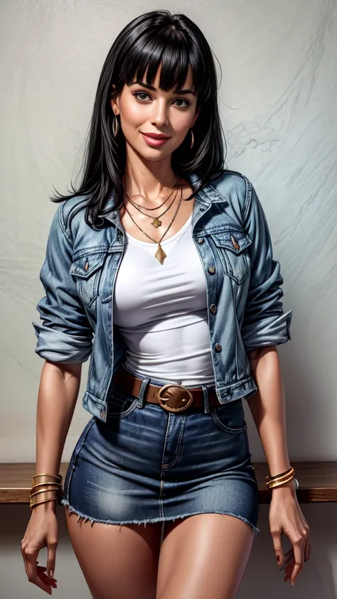 1woman 30year old, solo, long straight black hair, bangs,looking at viewer, detailed eyes, shy smile,jewelry, medium breasts, earrings,belt, blue denim jacket over tight white t-shirt,mini skirt,necklace, bracelet, lips,((dynamic angle)),