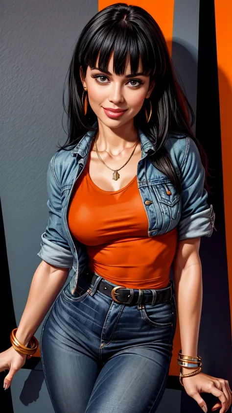 1woman 30year old, solo, long straight black hair, bangs,looking at viewer, detailed eyes, shy smile,jewelry, medium breasts, earrings,belt, blue denim jacket over tight orange t-shirt,mini skirt,pantyhose,necklace, bracelet, lips,((dynamic angle)),