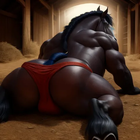 Furry, Antro, [Horse Marron Oscuro metal] , (Lying Face Down), (Back view) , [Fundoshi Bulto Male Big], [Fundoshi BLANCO, Thong White] Solo, [Bulto Male Big], Hooves , Big ASS, Big Balls, Detallado 4k, cuerpo completo, cuerpo furry Marron , fondo Pradera ,...