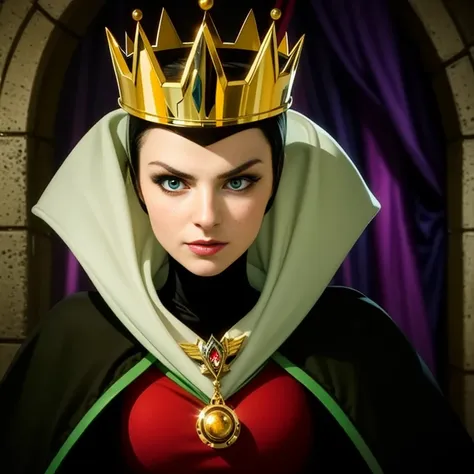 masterpiece, best quality, detailed face, perfect eyes, evil queen, black cowl, mirror behind her, looking at viewer,