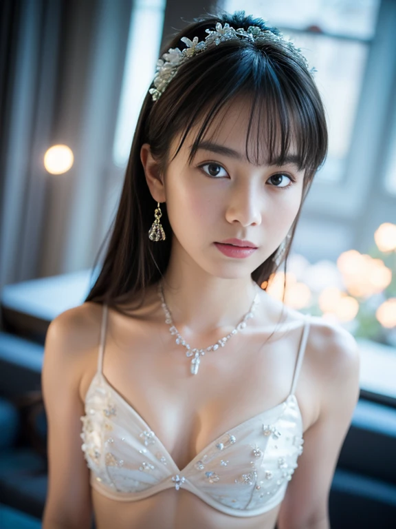 masterpiece, best quality, illustration, sax blue, platinum earrings, platinum necklace, white dress, 1girl, cute, (dynamic lighting:1.2), cinematic lighting, delicate facial features, detailed eyes, sharp pupils, realistic pupils, depth of field, bokeh, s...