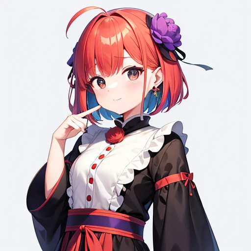 超A high resolution, Hmph, Best aesthetics, Redhead、Laughter、highest quality, Tabletop, Flat avatar, Perfect lighting、(colorful、Bright colors: 1.4)、Ahoge、Whole Body Ezbian, Peony hair ornament,　short hair、　I&#39;m shy, Laughter, 、Ahoge, Little, Simple Backg...