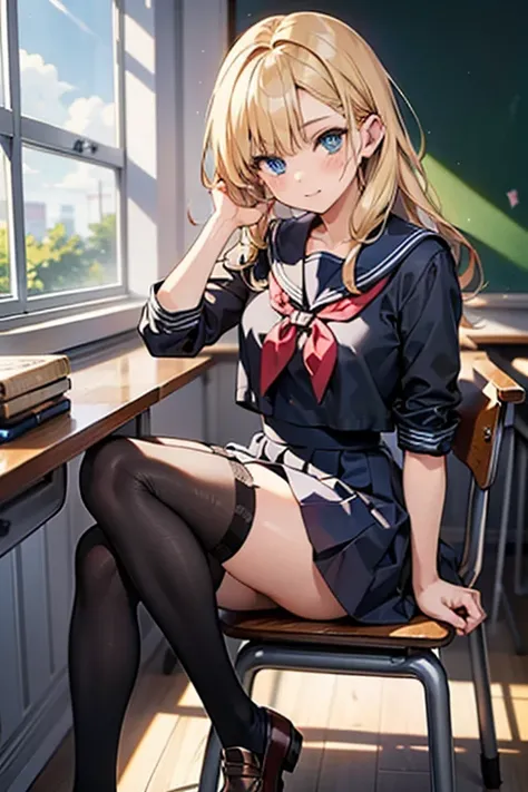 ((highest quality)), ((masterpiece)), (detailed), Anime 2D Rendering, Realistic young anime woman, Perfect Face, high school student、Beautiful girl、Slanted Eyes、blue eyes、Tsundere、Long blonde hair、Outstanding style、nice buddy、glamorous、Sailor suit、Skirt、Ga...