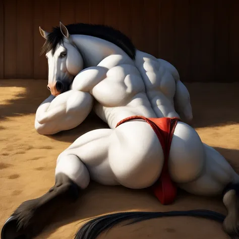 Furry, Antro, Stallion [Horse Blanco brillantel] , (Lying Face Down), (Back view) , [Fundoshi Bulto Male Big], [Fundoshi BLANCO, Thong White] Taparrabos Blanco, Solo, [Bulto Male Big], Hooves , Big ASS, Big Balls, Detallado 4k, cuerpo completo, cuerpo furr...