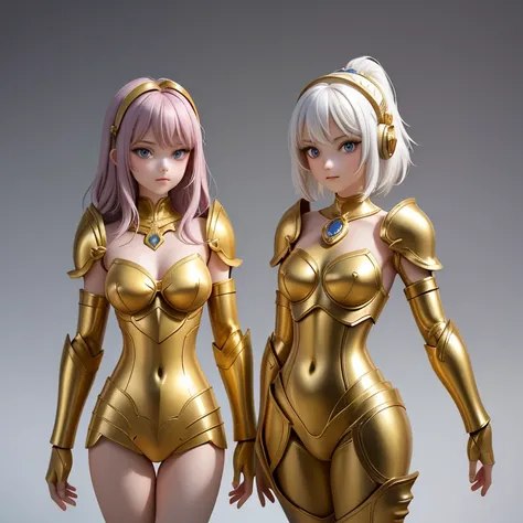 deux femmes, 25 ans, manga, cheveux longs, cheveux de couleur noir et cheveux de couleur blanche, armure dor,  very d armor&carved, gravures, gemini armor, saint seiya, zodiaque, cosmos, Gemini, casque avec deux visages, chevalier du zodiaque, dans un Grèc...