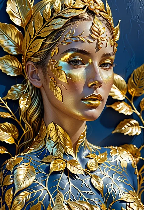 the image shows a work of art depicting a golden woman. the woman is meticulously detailed, with the veins and textures of the l...