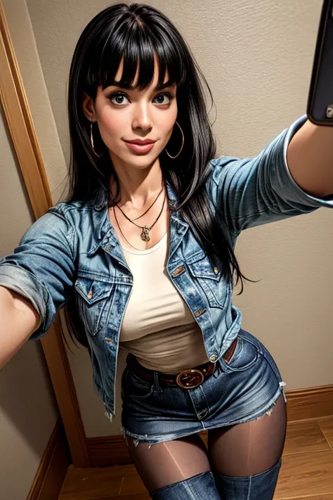 1woman 30year old, solo, long straight black hair, bangs,looking at viewer, detailed eyes, shy smile,jewelry, medium breasts, earrings,belt, blue denim jacket over tight beige t-shirt,mini skirt,sheer tab pantyhose,boots, necklace, bracelet, lips,((selfie ...