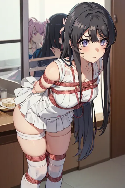 mai sakurajima, long hair, bangs, (black hair:1.5), hair ornament, (purple eyes:1.1), hairclip, rabbit hair ornament, ((erröted)), ((bound wrists, ankles with rope)), ((Arms behind the back)), ((Shibari over clothes)), bed in the background, looking at the...