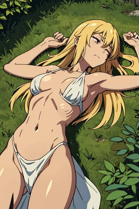 A tanned-skinned anime girl lies despondently on the ground, her hand cradling her abdomen in agony. Her fabric revealing the faint outlines of her ribs. Long sun-kissed locks cascade around her face, concealing it from view. Her despairing expression, etc...