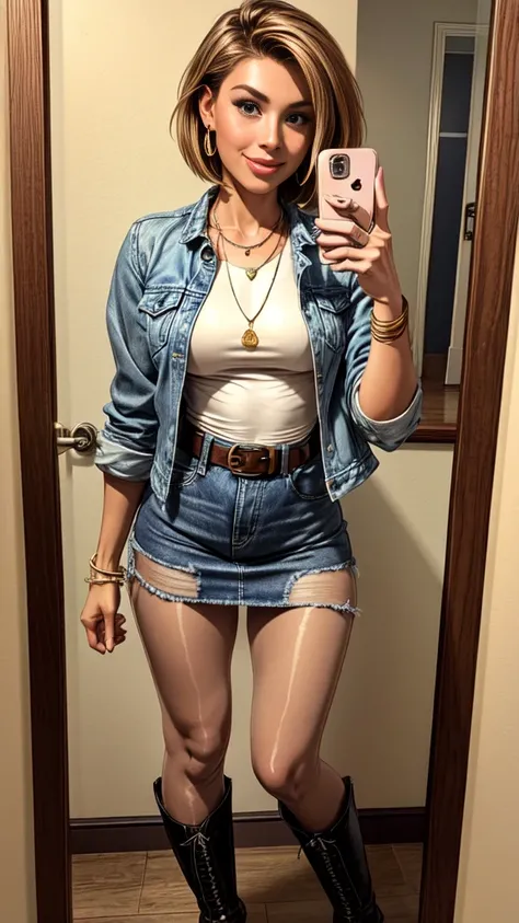 1woman 25 year old, solo, short straight hair,ooking at viewer, detailed eyes, shy smile,jewelry, medium breasts, earrings,belt, blue denim jacket over tight beige t-shirt,mini skirt,sheer tan pantyhose,boots, necklace, bracelet, lips,((selfie pose))