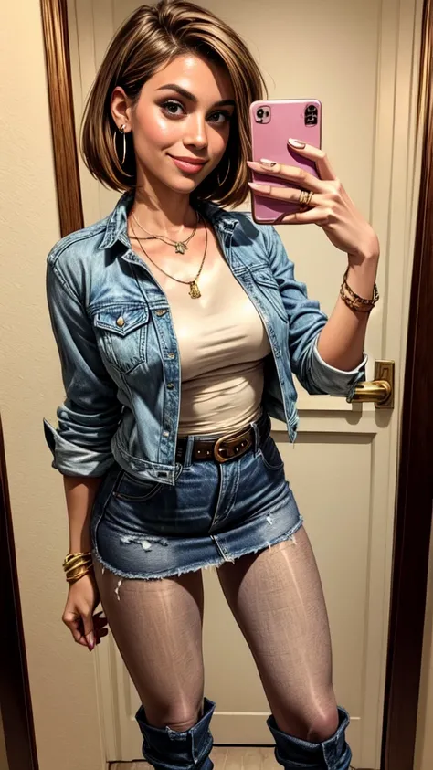 1woman 25 year old, solo, short straight hair,ooking at viewer, detailed eyes, shy smile,jewelry, medium breasts, earrings,belt, blue denim jacket over tight beige t-shirt,mini skirt,sheer tan pantyhose,boots, necklace, bracelet, lips,((selfie pose))