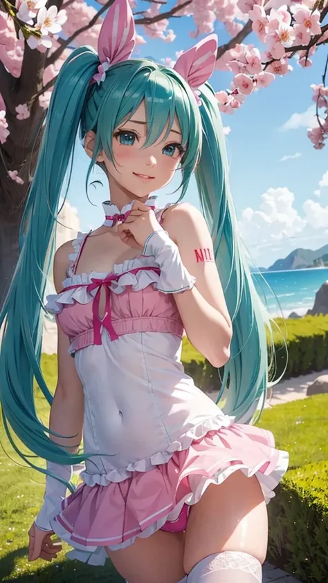 Super detailed, NSFW, masterpiece, High resolution, Photorealistic digital art, perfect lighting, (((1 girl, perfect anatomy))), accurate right hand, accurate left hand, five fingers, perfect style, shy smile, (hatsune miku,) 3d face, big light blue-green ...