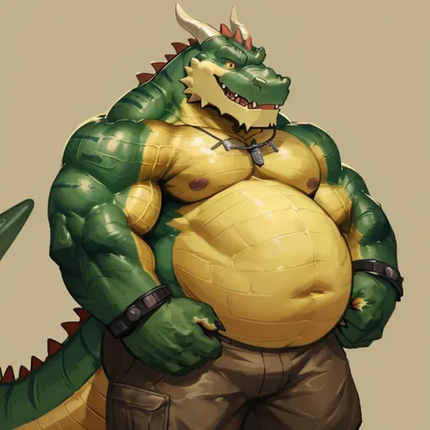 furry, dragon, alligator, bara, big belly, fat, yellow belly, green skin, yellow chest,