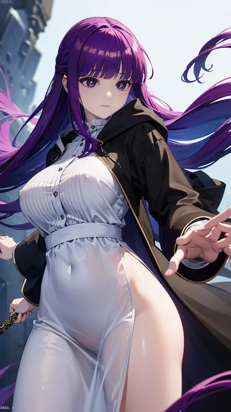 Ultra Detail, NSFW, (((masterpiece))), High resolution, Highly detailed anime art, Cinematic lighting, (((1 girl, perfect anatomy))), accurate right hand, accurate left hand, five fingers, perfect style, Detailed face, Fern, purple eyes, glossy lips, cute ...