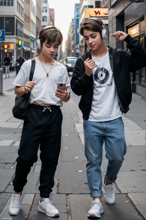  cute boy and boy listening to music on headphones on cell phone happy on the street photo taken by professional photographer high quality image