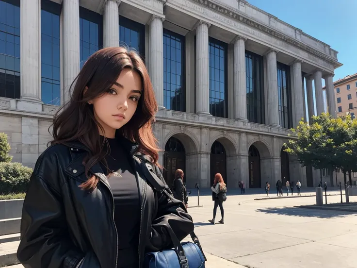 A 20 year old girl, cabelos longos na cor vermelha, algumas sardas no rosto, dressed in a black jacket, sentada em um banco, in the background a huge college building, estilo italiano, blue sky, algumas arvores, imagem ampla, realista.