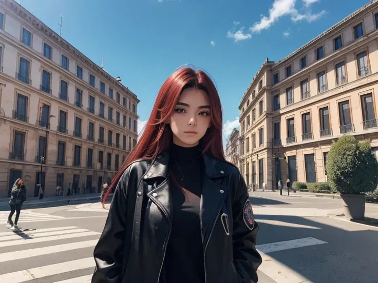 A 20 year old girl, cabelos longos na cor vermelha, algumas sardas no rosto, dressed in a black jacket,  in the background a huge college building, estilo italiano, blue sky, algumas arvores, imagem ampla, realista.