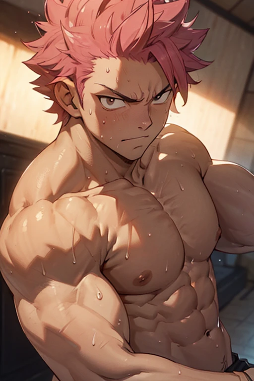 (best quality,4k,8k,highres,masterpiece:1.2), ultra-detailed, HDR, studio lighting, extreme detail description, professional, vivid colors, bokeh,Natsu Dragneel, flexing muscles, expressionless face, sweating, fit V-shaped body, abs, chest, pecs, 