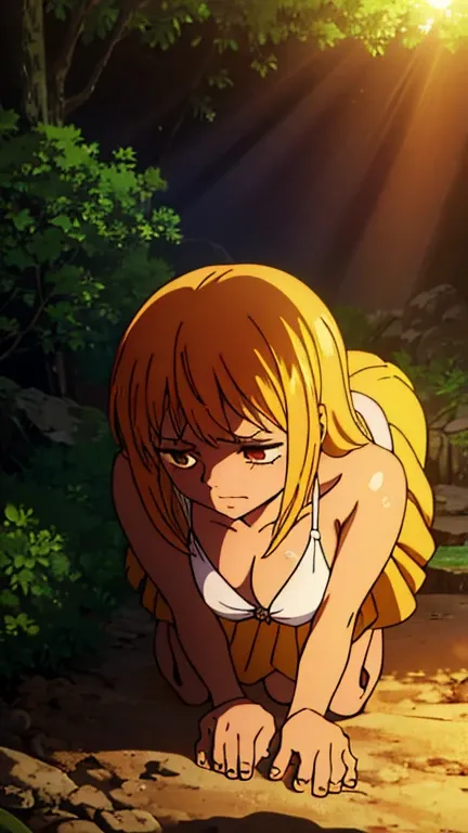 A tanned-skinned anime girl lies despondently on the ground, her hand cradling her abdomen in agony. Her fabric revealing the faint outlines of her ribs. Long sun-kissed locks cascade around her face, concealing it from view. Her despairing expression, etc...