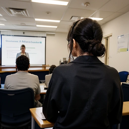 A woman with her back to the camera with her black curly hair tied up, presenting a lecture at a health center in which he does not show his face 
