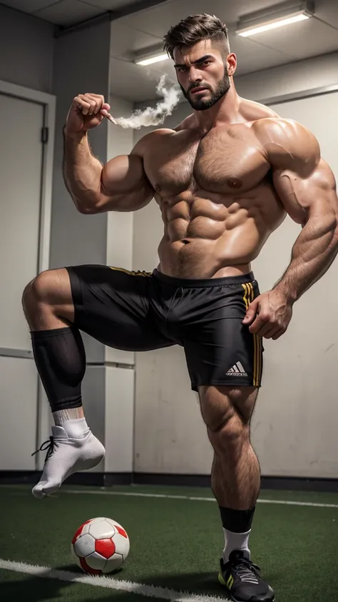   4k, Size is 1920 px x 1080 px Arab sports teacher，20 years old, young and strong，Bearded，Muscular，smokes，The legs are very hairy。Hairy chest，Fierce 1，condescending，handsome，Abdominal hair is luxuriant，My feet stink，Short hair socks radiate heat，Strong bo...