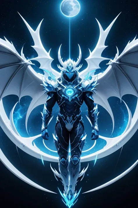 a futuristic Blue glowing eyes White scaled dragon, future dragon, big dragon wings, blue energy veins fantasy dragon, full moon, long symmetrical white horns, highly detailed, blue energy, ethereal lightning, sharp focus