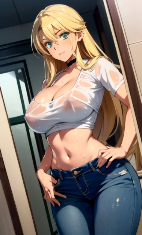 8k, Obra maestra, extremely magnificent view, CG high details, 8k, Ultra high resolution, (style of Akame Ga Kill!), BREAK, face with a lot details, eyes details, perfect anatomy, super detailed skin, (dynamic angle, pose casual:1.2), wet t-shirt, big brea...