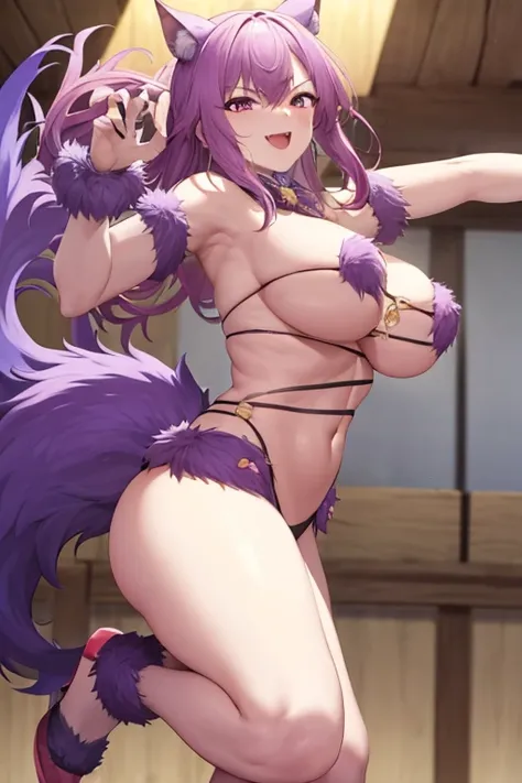 masterpiece, best quality, beautiful art, high resolution, well formed hands, body and fingers, 1 woman, solo, big breasted, cleavage, wolf ears and wolf tail, full body, gorgeous legs hips and thighs, wearing a Dangerous Beast outfit, long purple hair, pu...