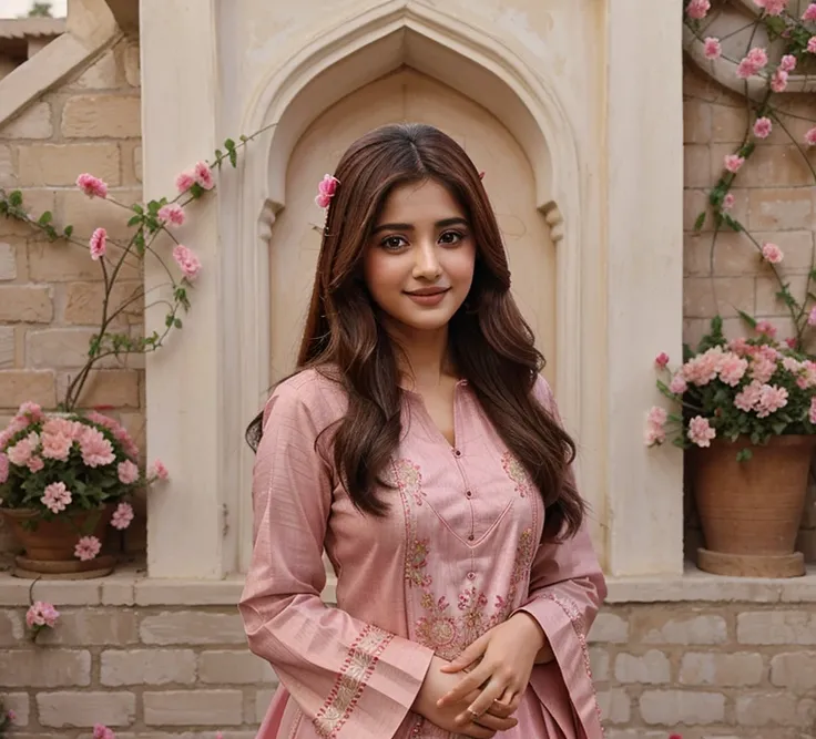 Pakistani Actress, wearing Punjabi suit Red colour, realistic Face. Sajal Aly, smiling and blushing as bride. against high decorative wall with pink flowers. 